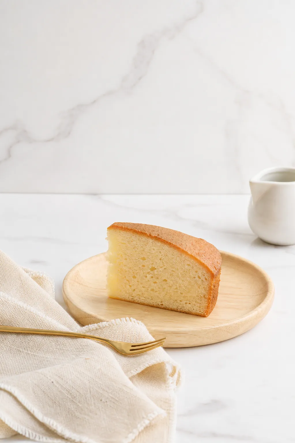 A slice of butter cake on a wooden plate with linen and a gold fork.